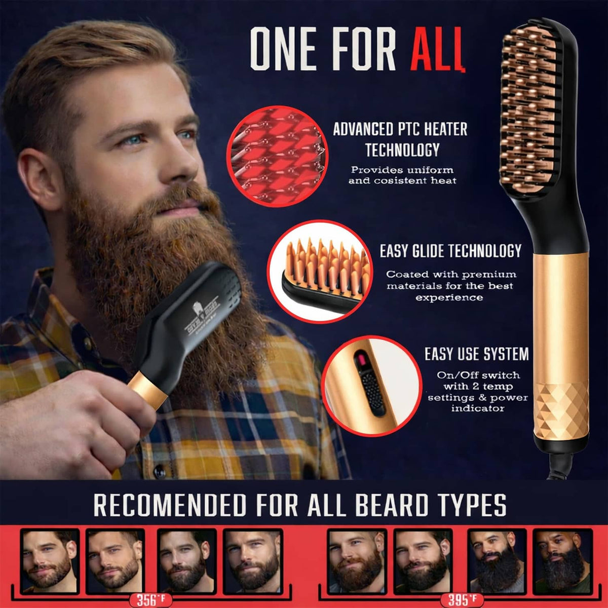 Electric beard straightener brush with gold barrel and black bristle head