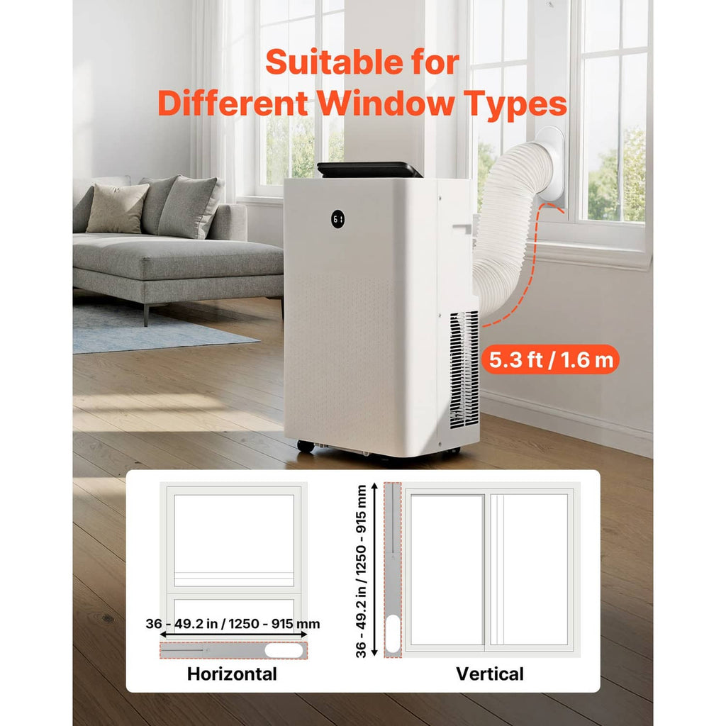 White portable air conditioner with side exhaust hose fitting for window installation