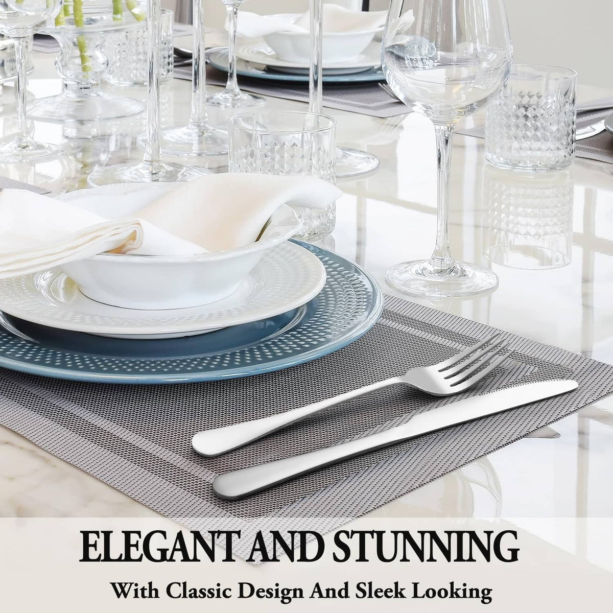 Stainless steel forks and spoons arranged in an elegant table setting