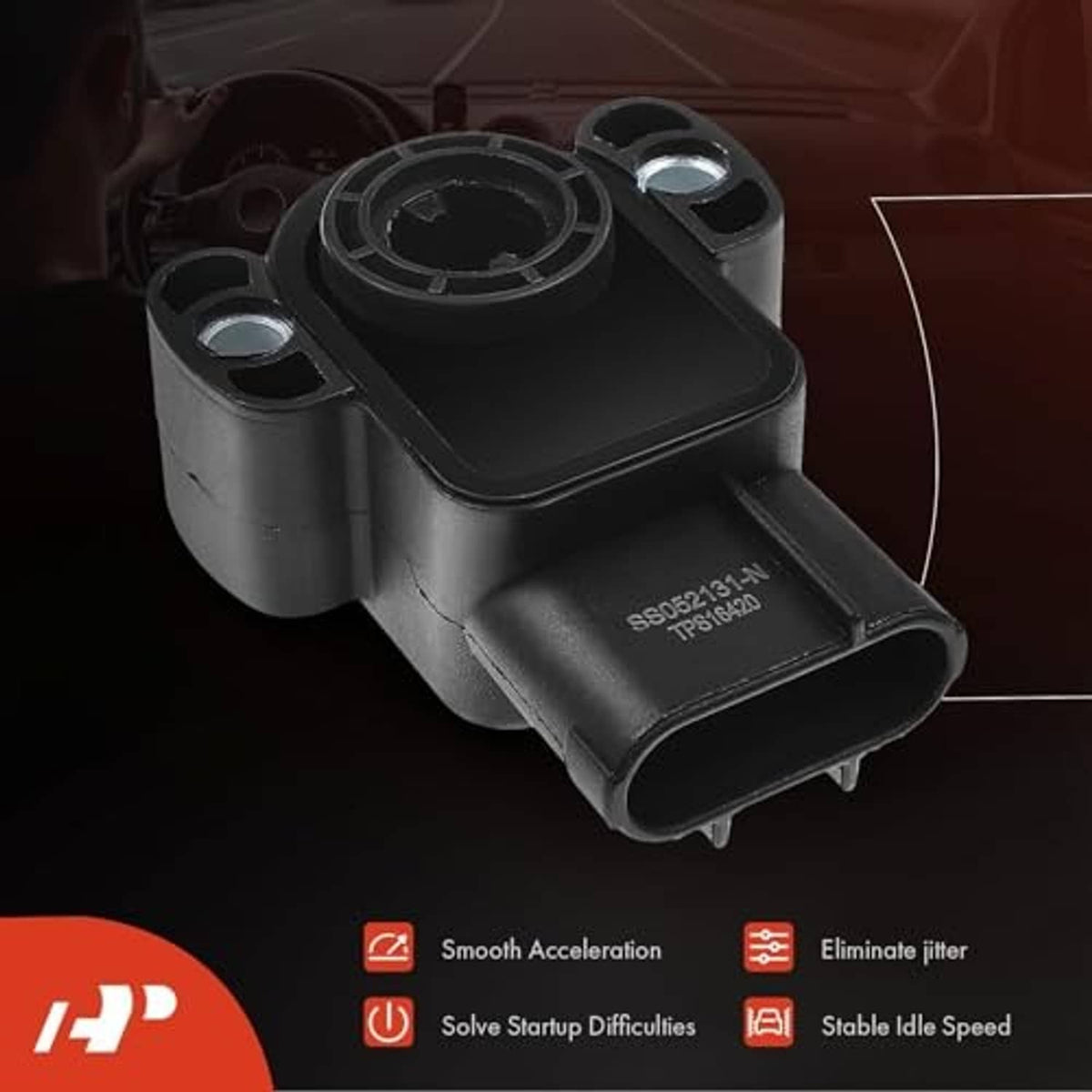 Throttle position sensor on black bracket, angled view with connector port
