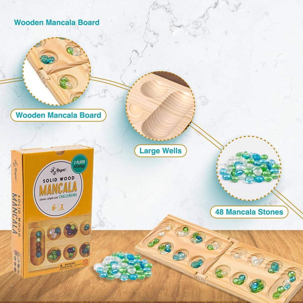 Wooden mancala board with large wells and 48 glass stones plus game box