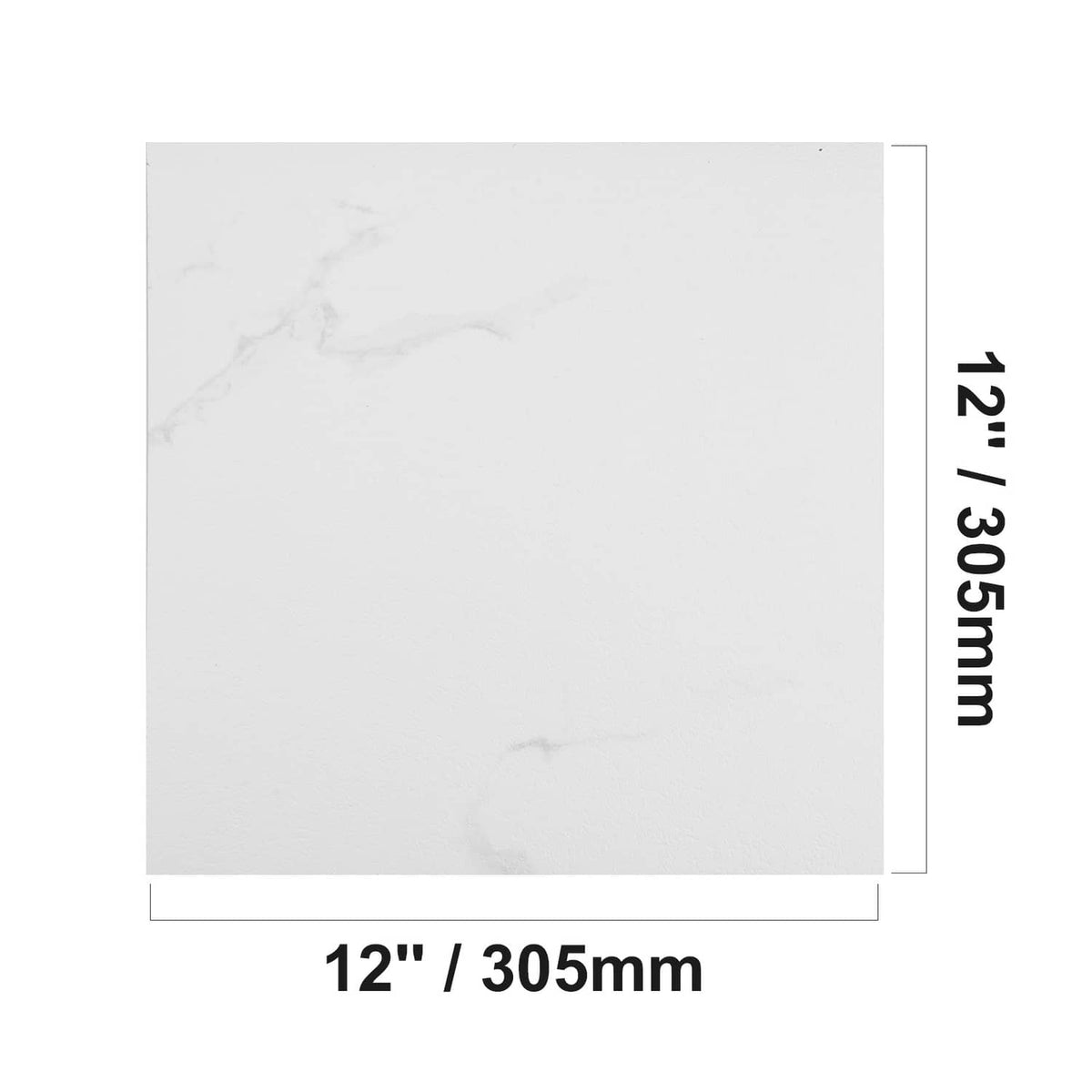 12 in x 12 in white marble-pattern vinyl floor tile with size outline