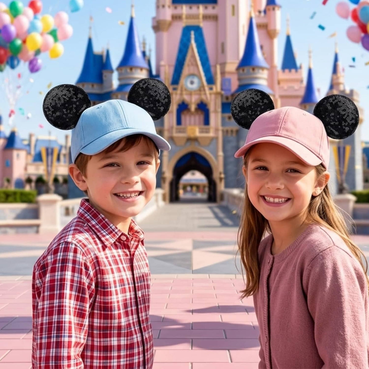 Kids wearing black magnetic mouse-ear hat toppers on light blue and pink caps.