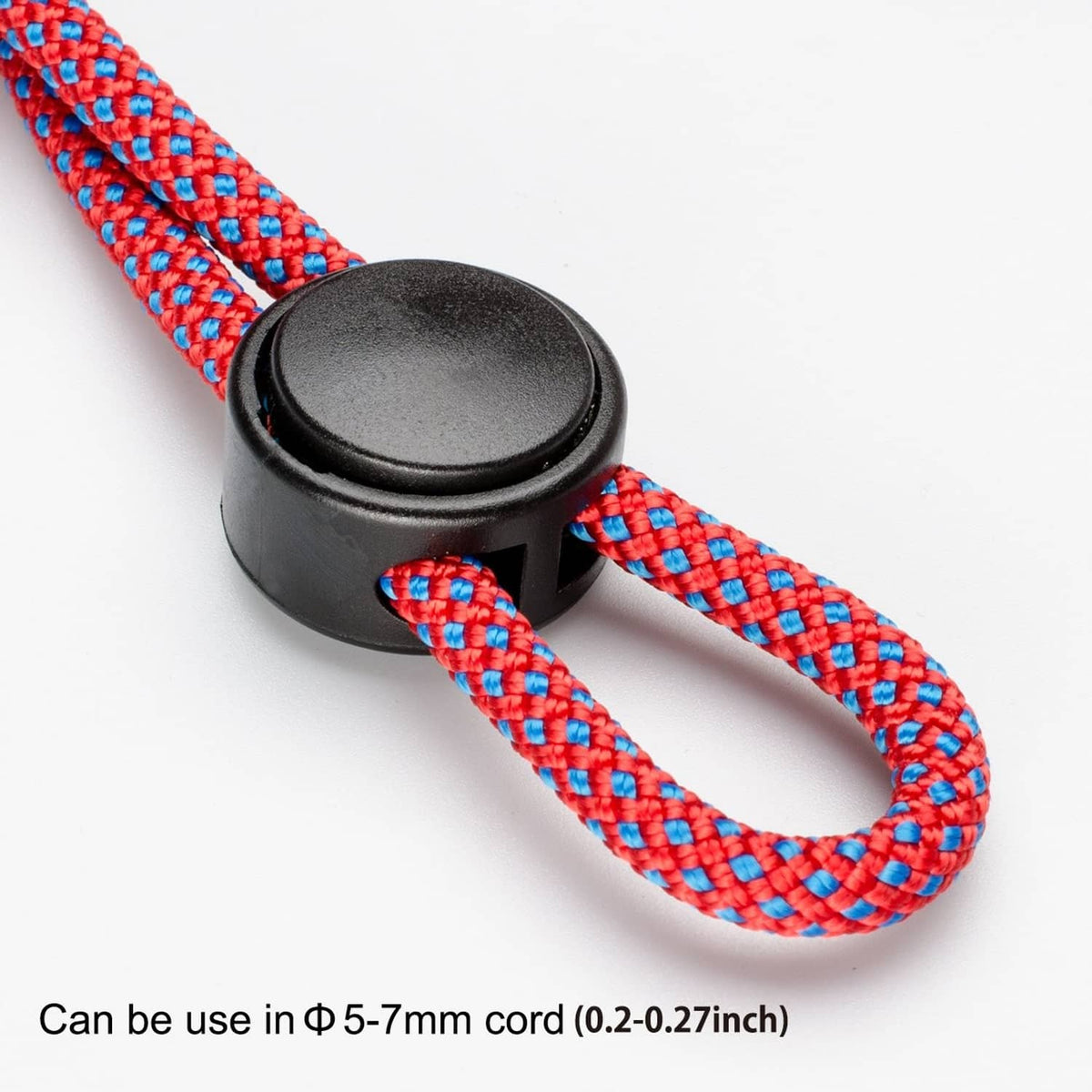 Black cord lock end spring stopper on red-blue braided cord, screw insert