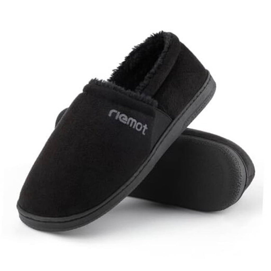 Men's black moccasin slippers with faux-fur lining and molded sole.