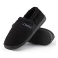 Men's black moccasin slippers with faux-fur lining and molded sole.
