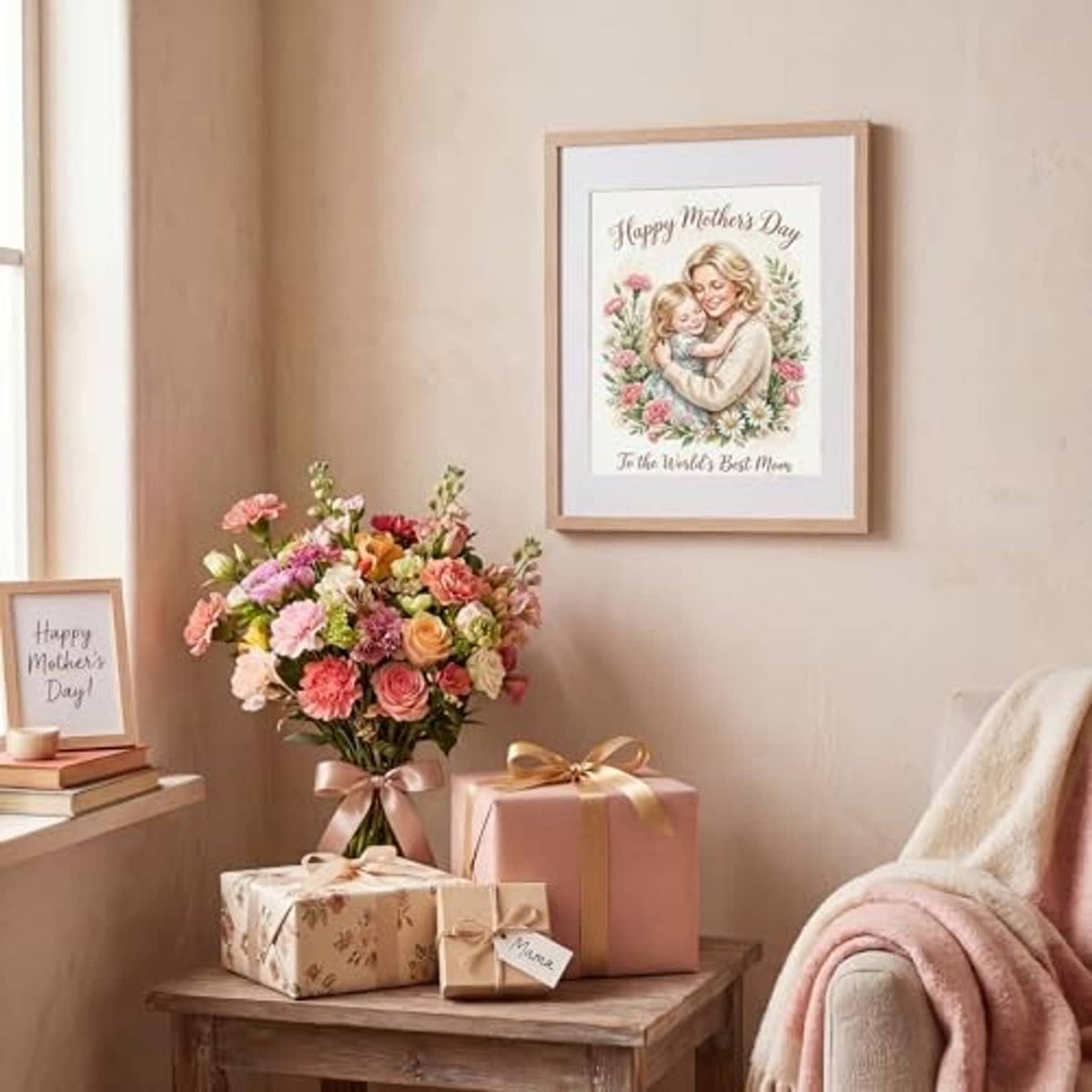 Natural wood-tone picture frame mounted on a wall with a floral photo