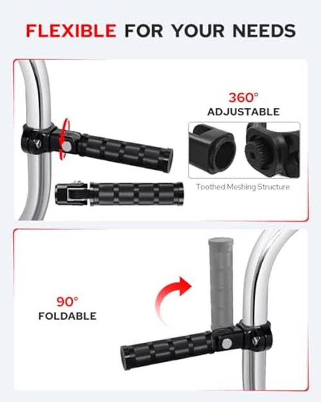 Foldable black knurled motorcycle foot peg with adjustable hinge and clamp
