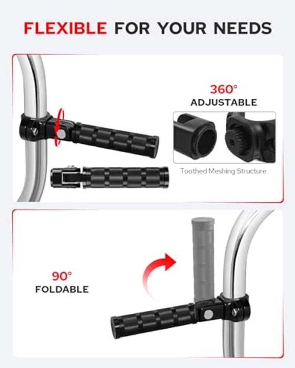 Foldable black knurled motorcycle foot peg with adjustable hinge and clamp