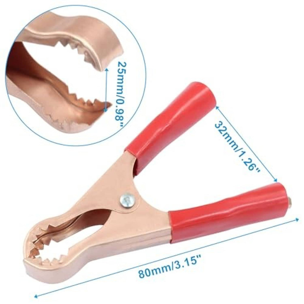 Copper alligator clip with red insulated handle and jaw clamp tip dimensions