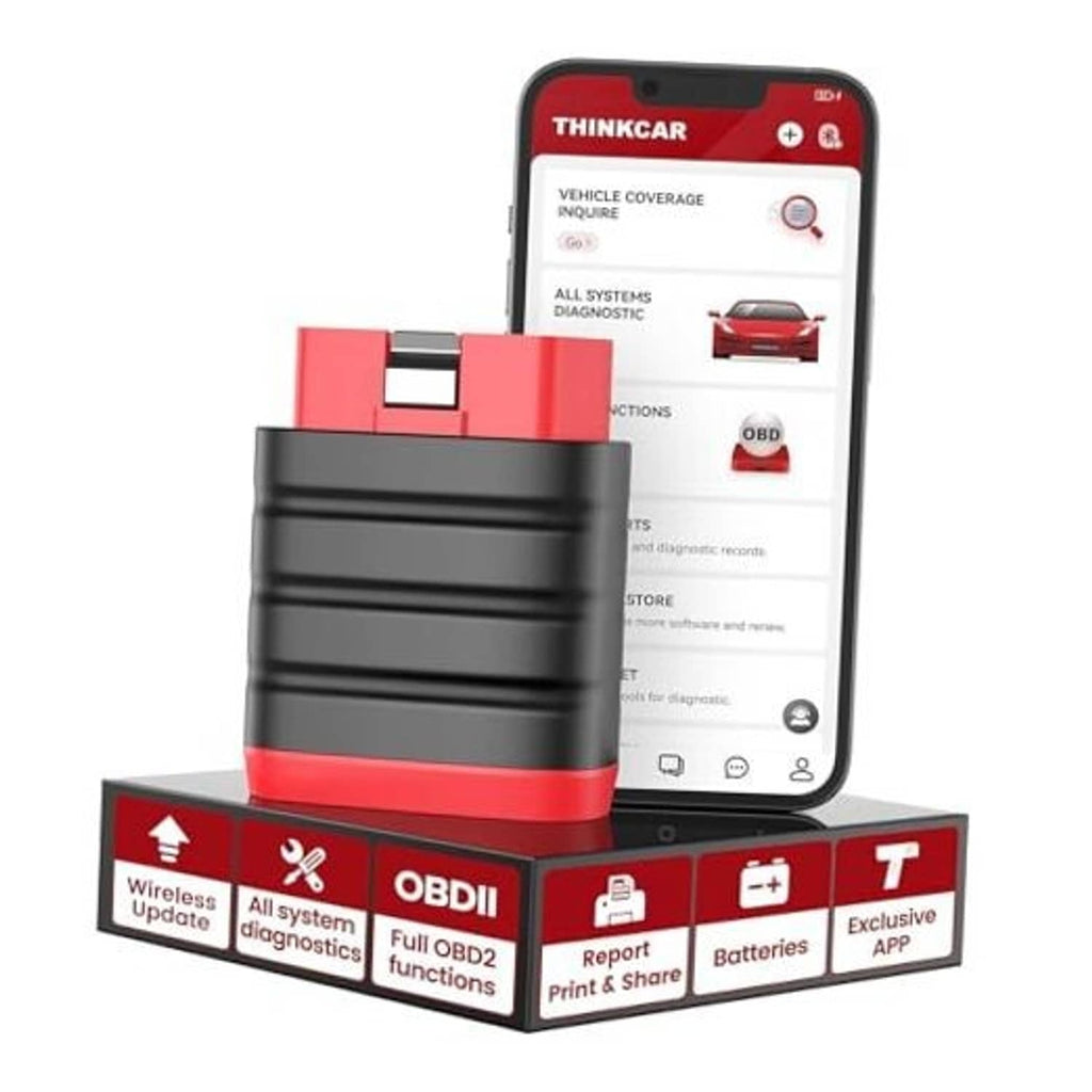 Thinkdiag Mini OBD2 scanner with red and black body and OBD connector