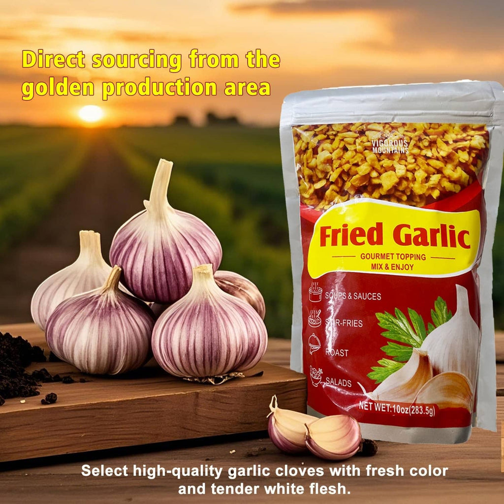 VIGOROUS MOUNTAINS fried garlic pouch beside whole purple garlic bulbs