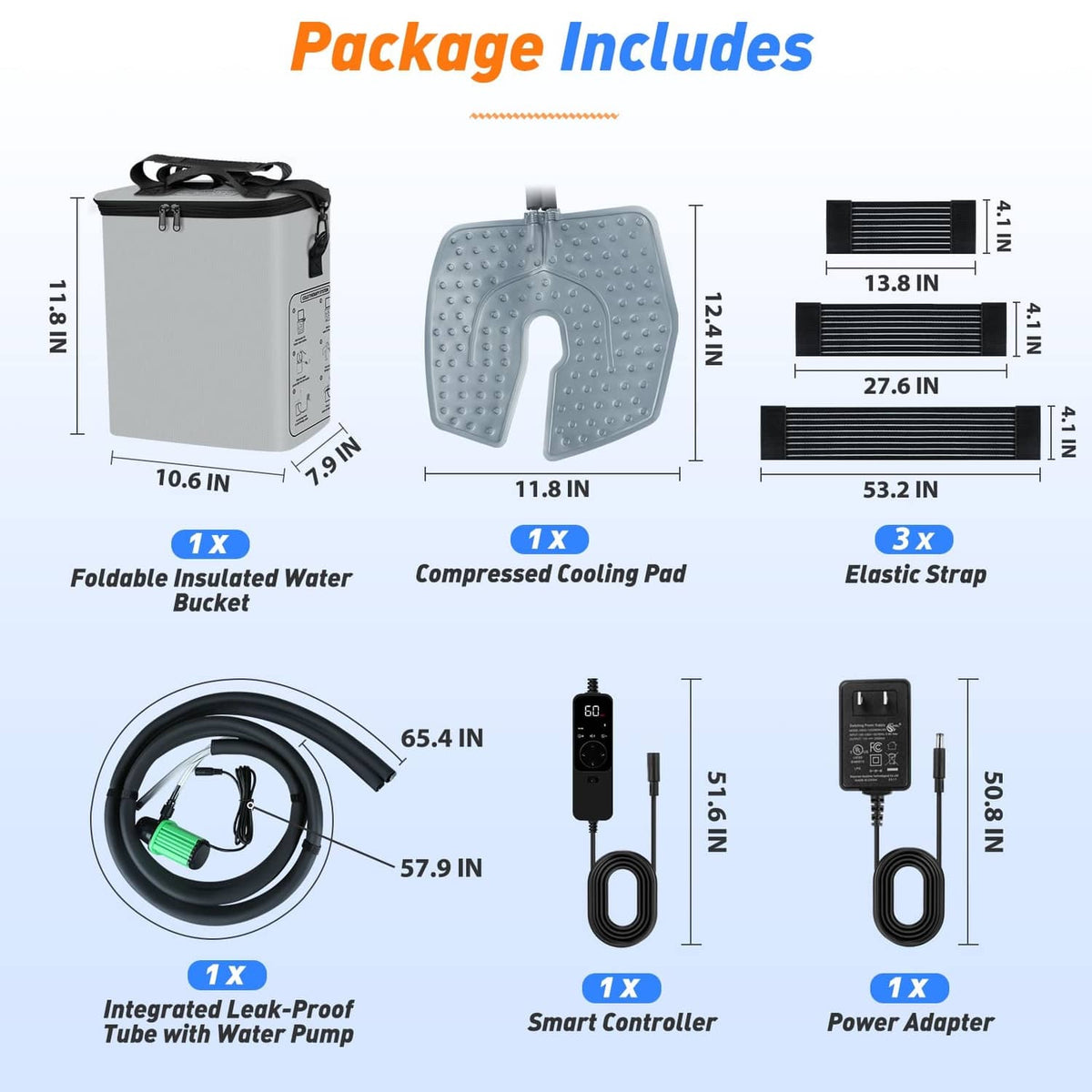 Ice therapy package includes insulated bucket, cooling pad, elastic strap, tube pump