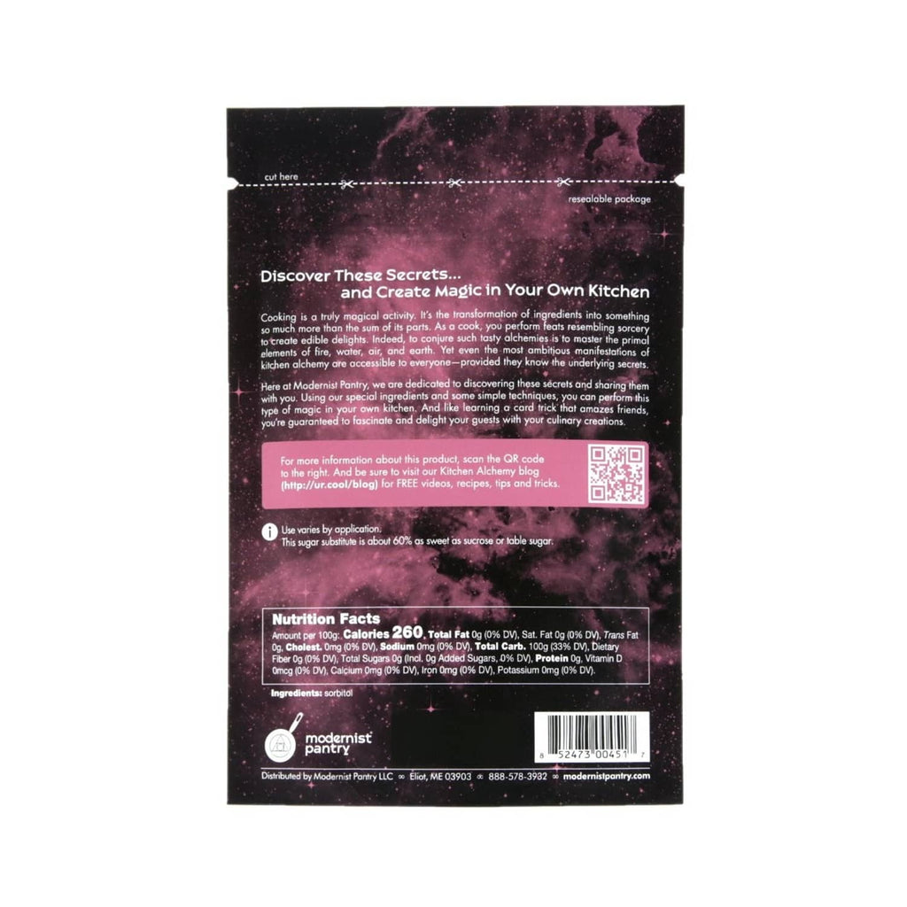 Sorbitol powder pouch back panel with nutrition facts and QR code.