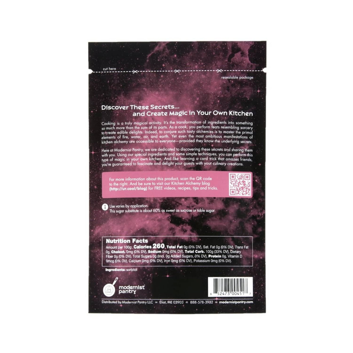 Sorbitol powder pouch back panel with nutrition facts and QR code.