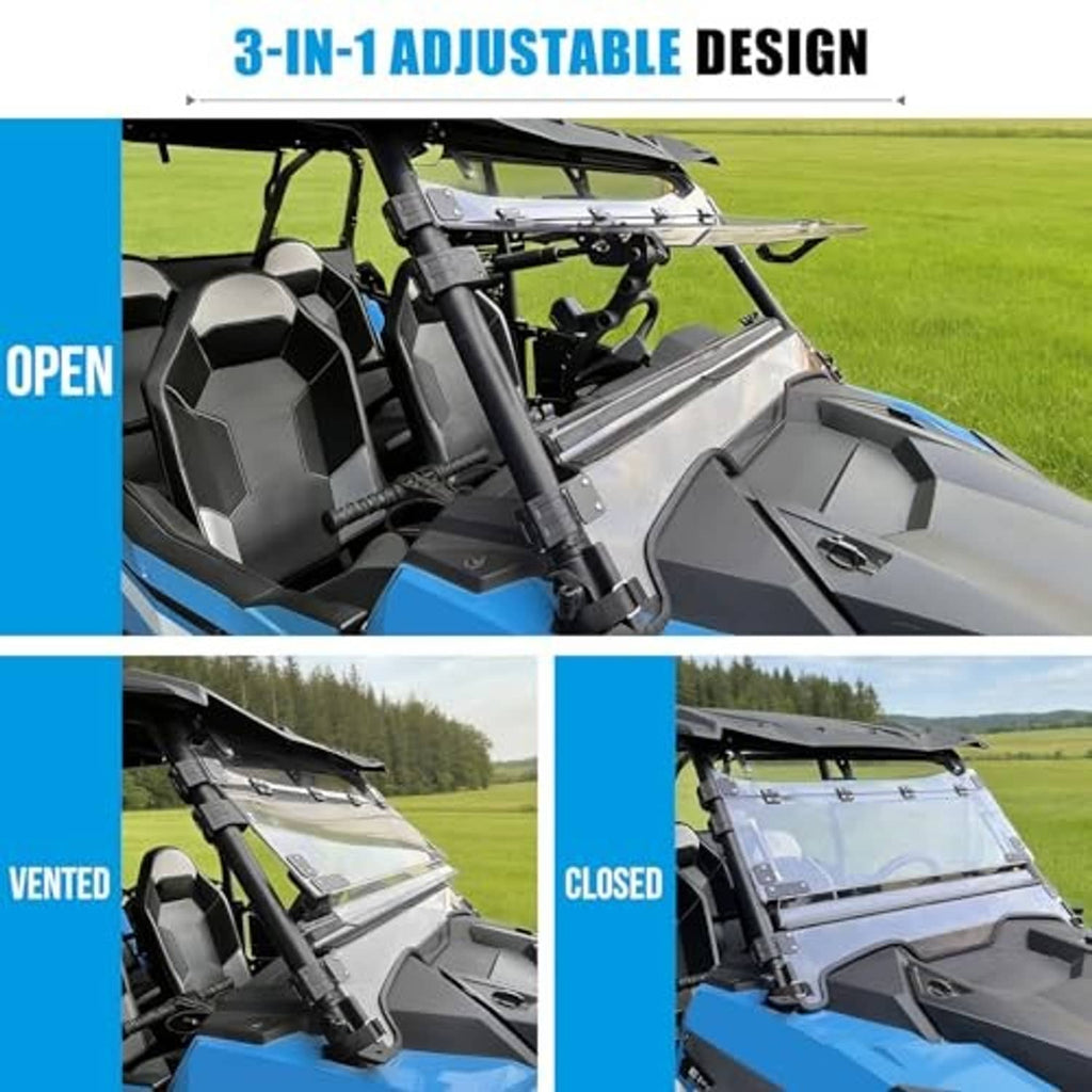 Adjustable 3-in-1 windshield on a UTV showing open, vented, and closed modes