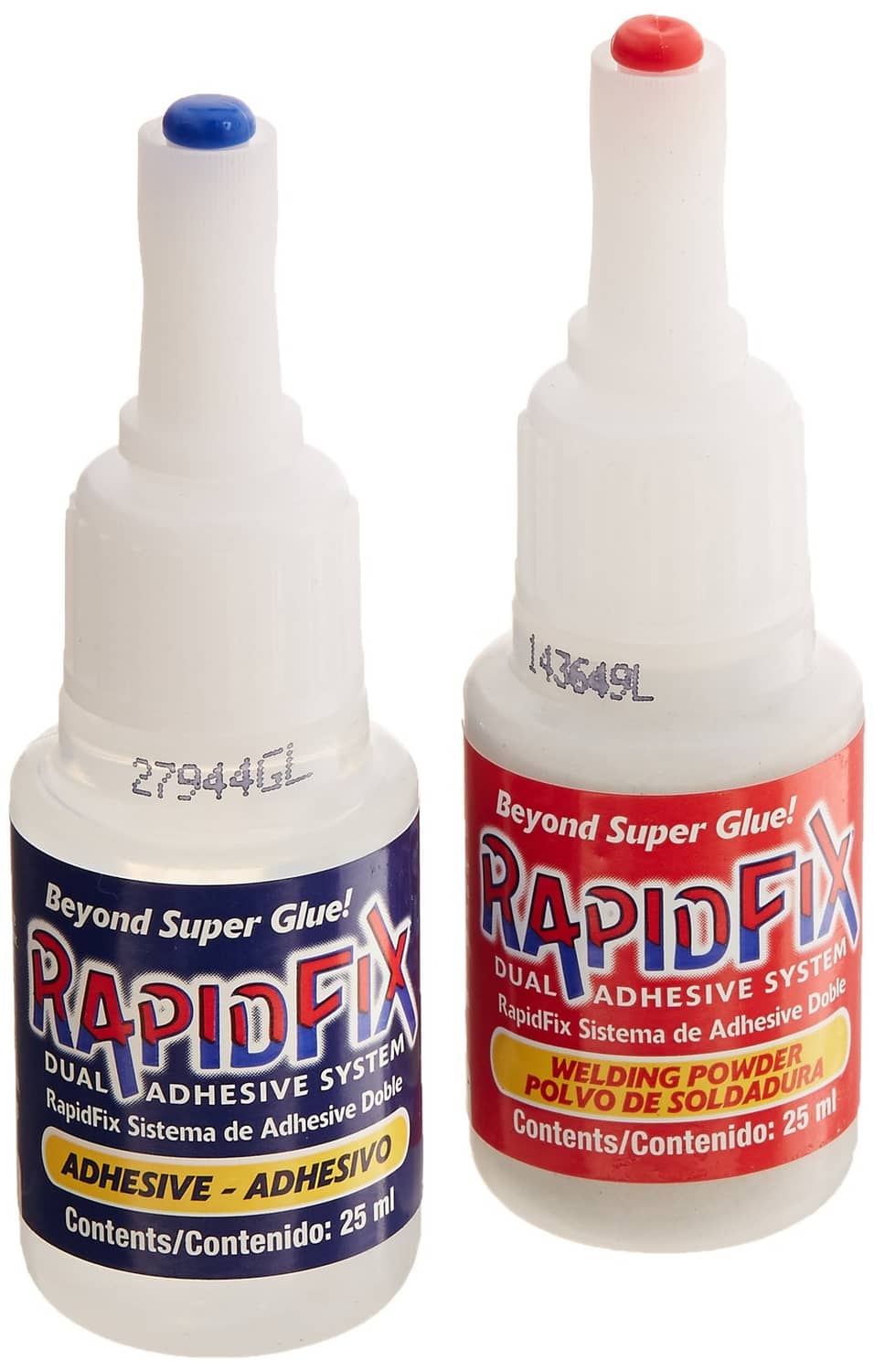 Rapidfix dual adhesive glue bottle, 25 ml, red and blue caps