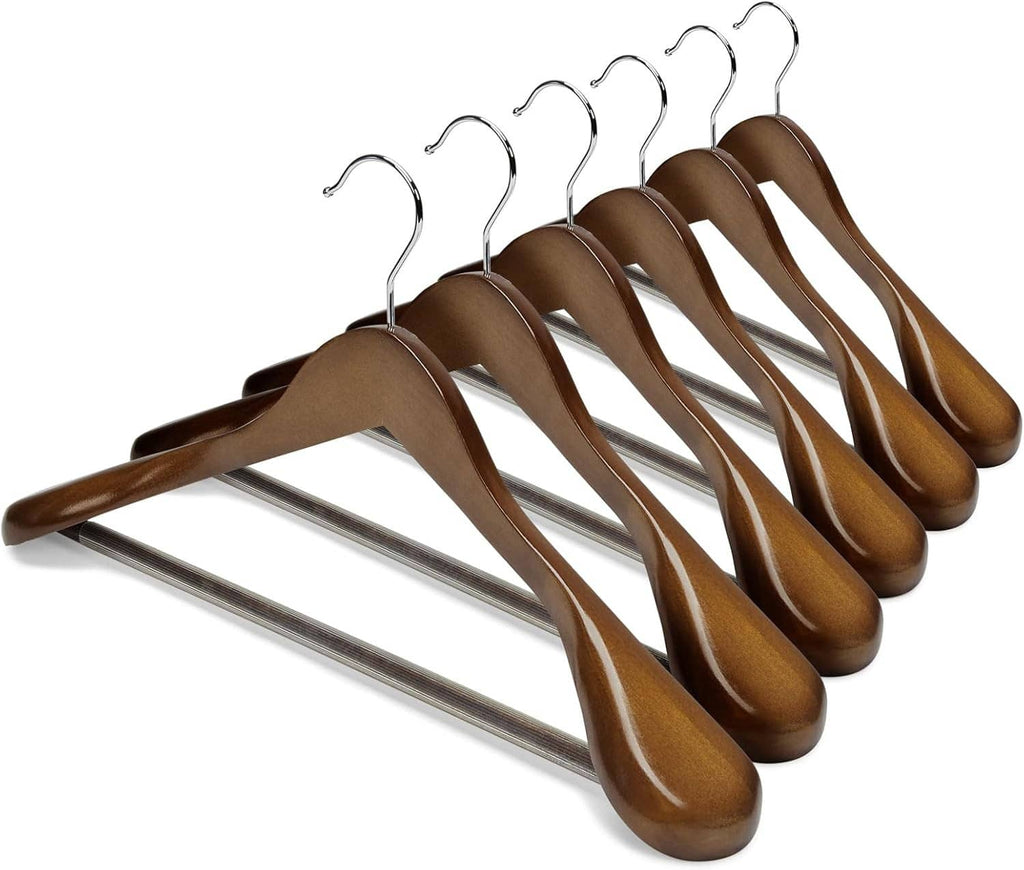 Set of brown wooden suit hangers with wide shoulders and long metal pants bar, multiple hooks