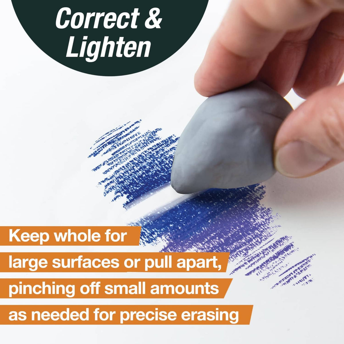 Fingers pinch a grey kneaded eraser for precise small-detail erasing