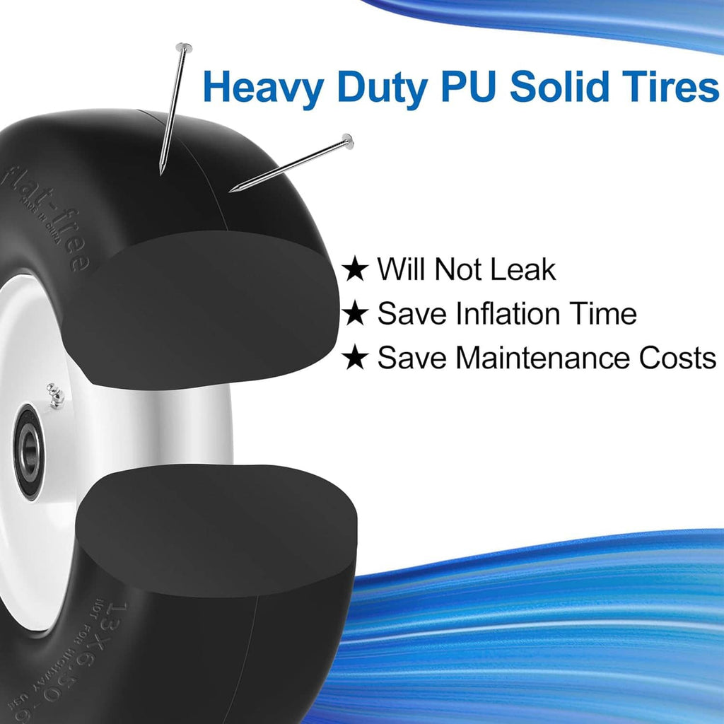 Heavy-duty PU solid tire with wheel and bearing, black tire on white wheel hub.