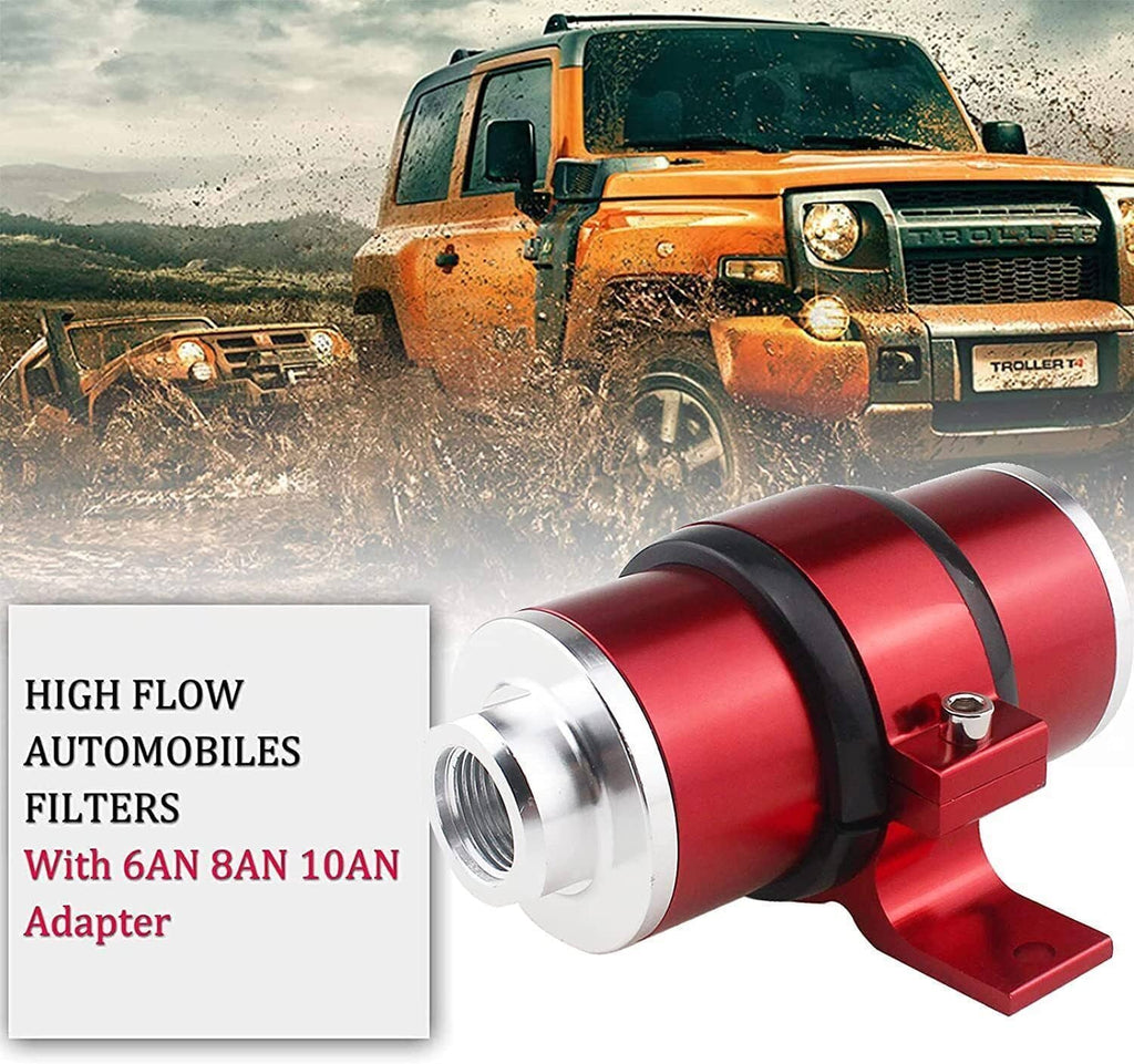 Red inline fuel filter and bracket with silver ports for high-flow automobile use