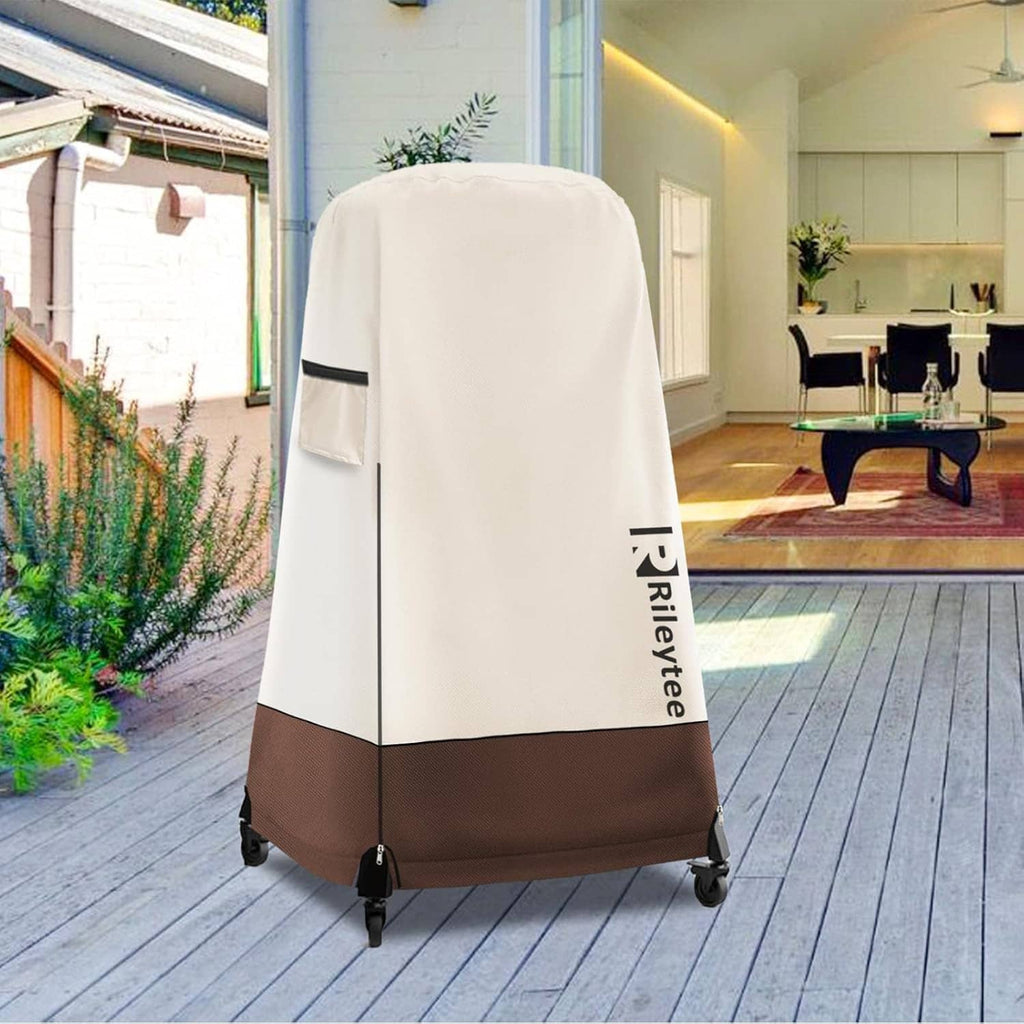 Pizza oven cover in cream and brown for outdoor patio use, on caster wheels.
