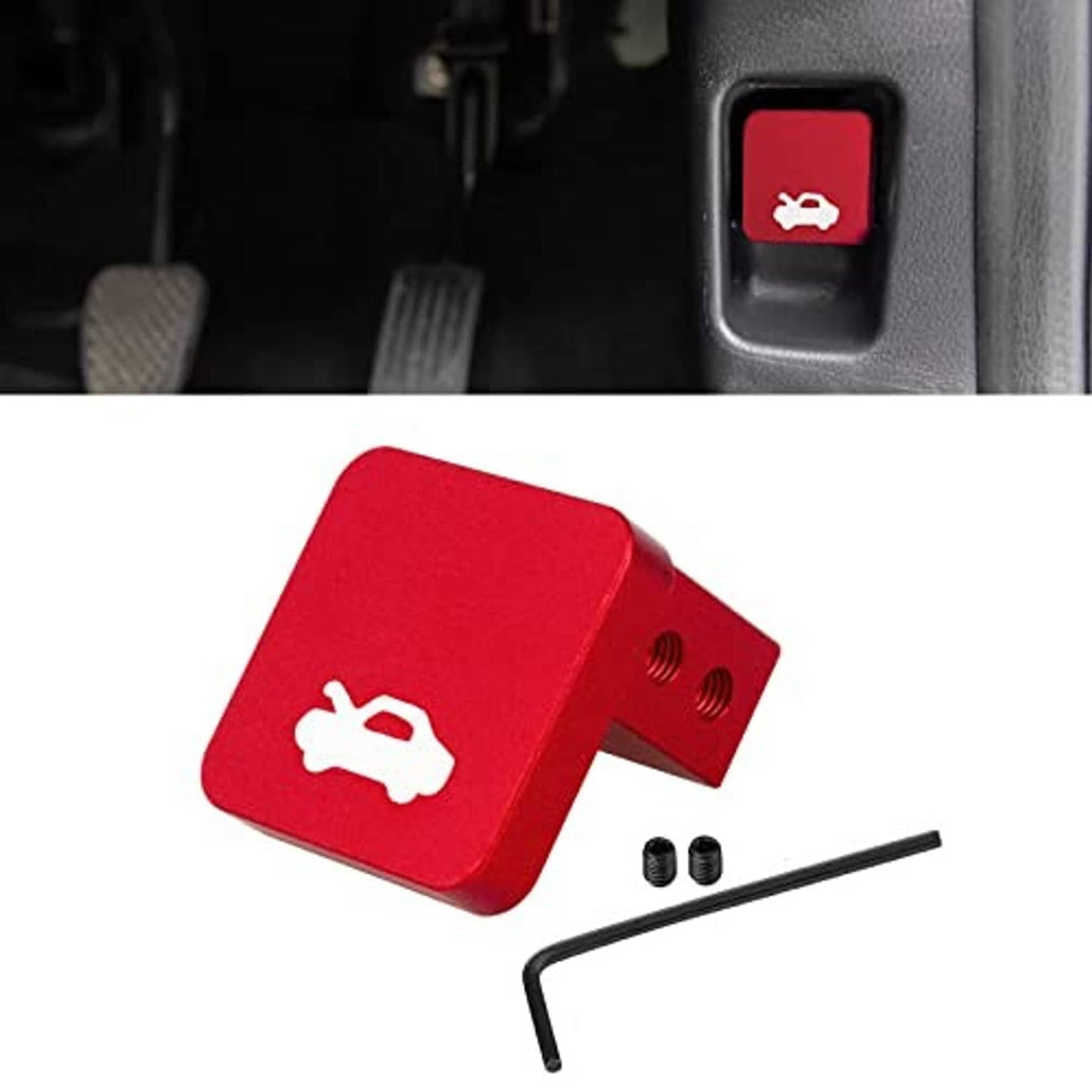 Red hood latch release handle with wrench icon, hex key, and small black fasteners.