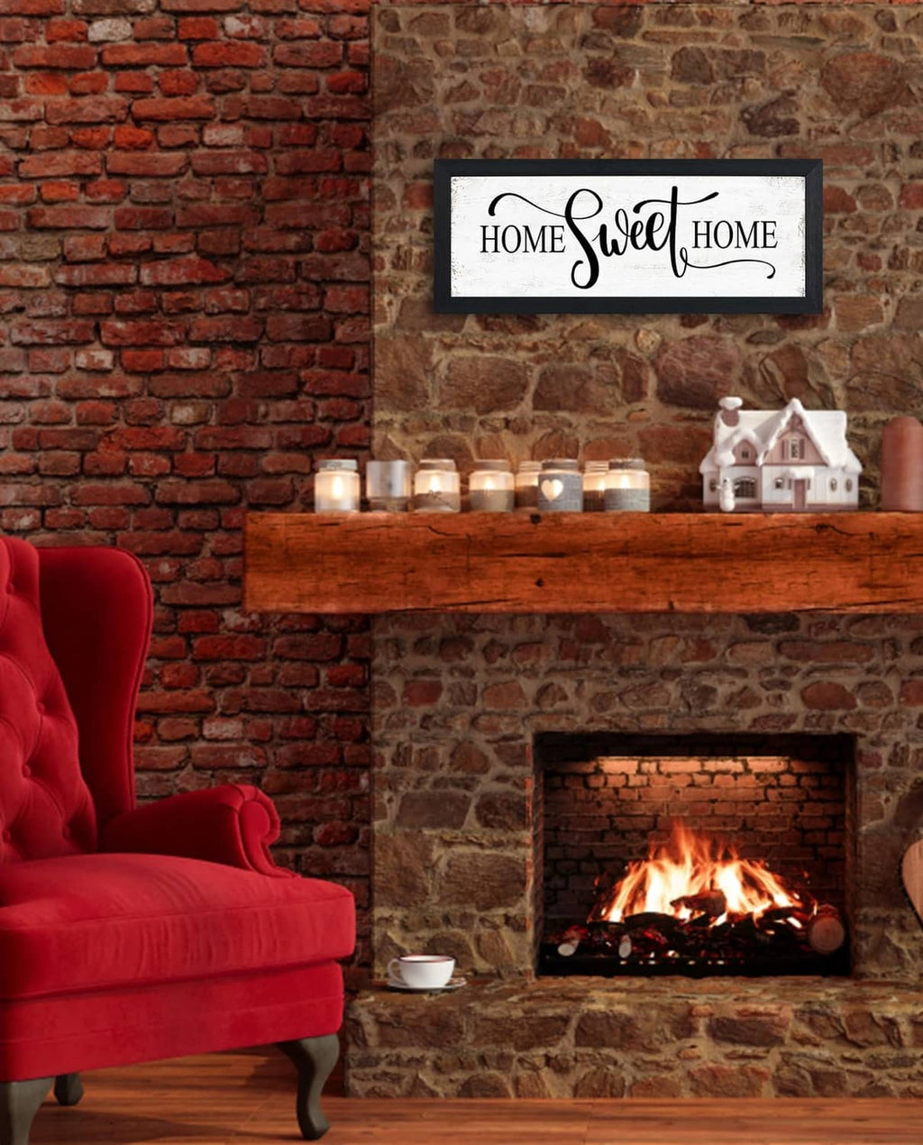 Black-framed wall sign reading “HOME Sweet HOME” above a brick fireplace mantel