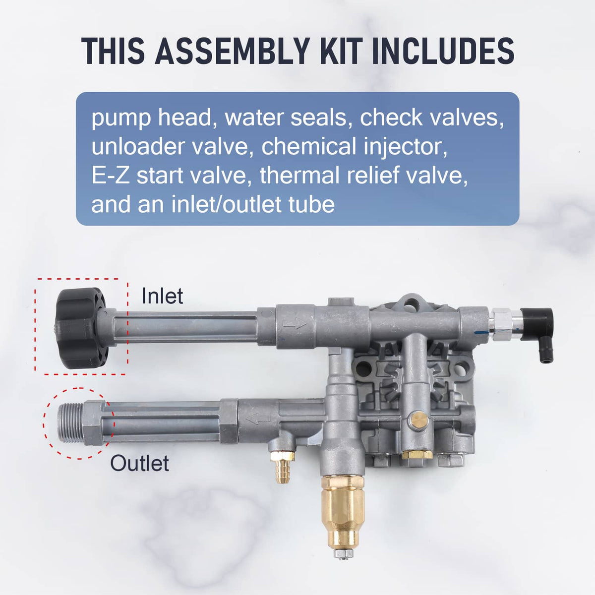 Pump head assembly with inlet and outlet ports, black caps, and brass connector