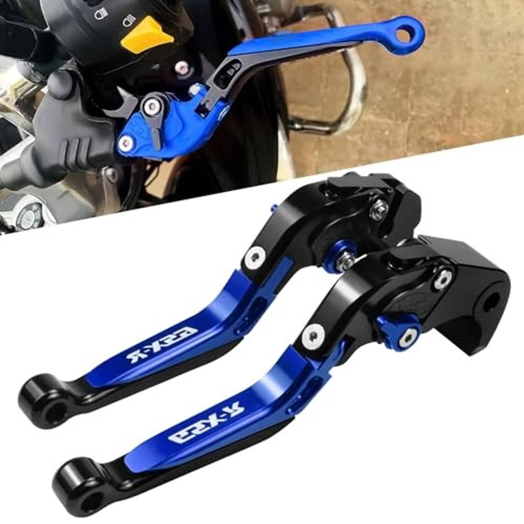 Blue and black adjustable brake lever and clutch lever set, mounted on handlebar