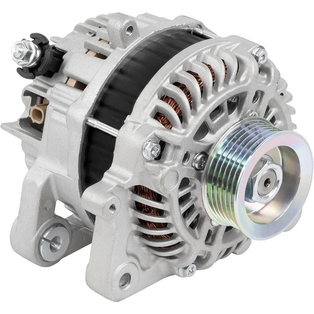 12V 95A alternator with silver pulley and vented front, angled close-up