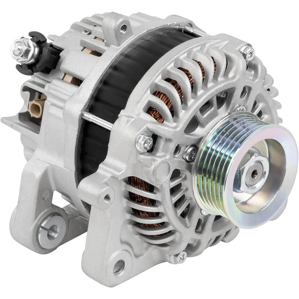 12V 95A alternator with silver pulley and vented front, angled close-up
