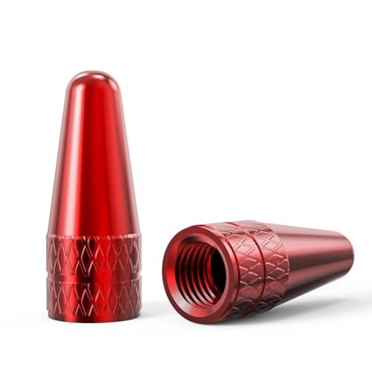 Red Presta valve caps, 2-pack, one angled cap showing textured grip and threads