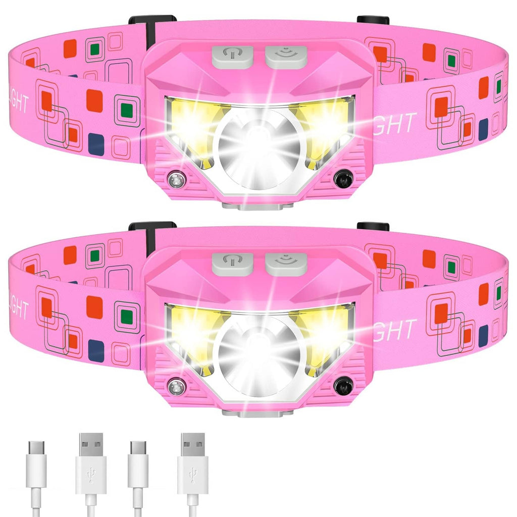 Pink LED headlamp set with bright front light and adjustable elastic headband, 2-pack