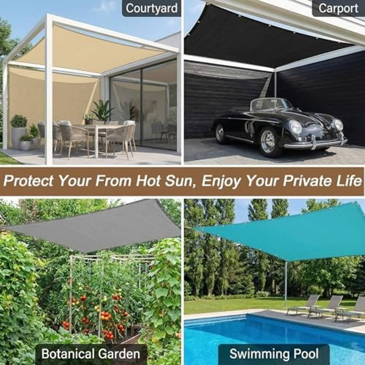 Gray shade cloth canopy set up on a patio and carport frame