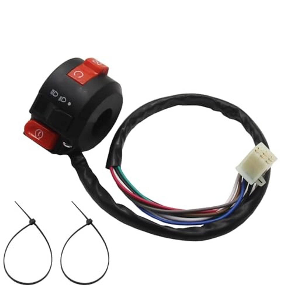 Handlebar switch with black housing and red switch pads, 8-wire cable and white connector