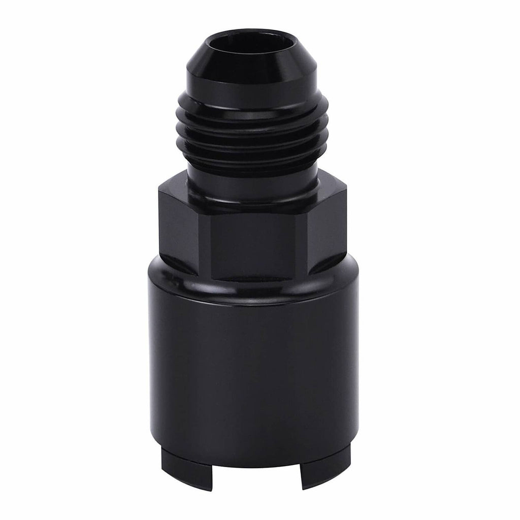Black AN6 fuel adapter fitting with male thread section and hex mounting base