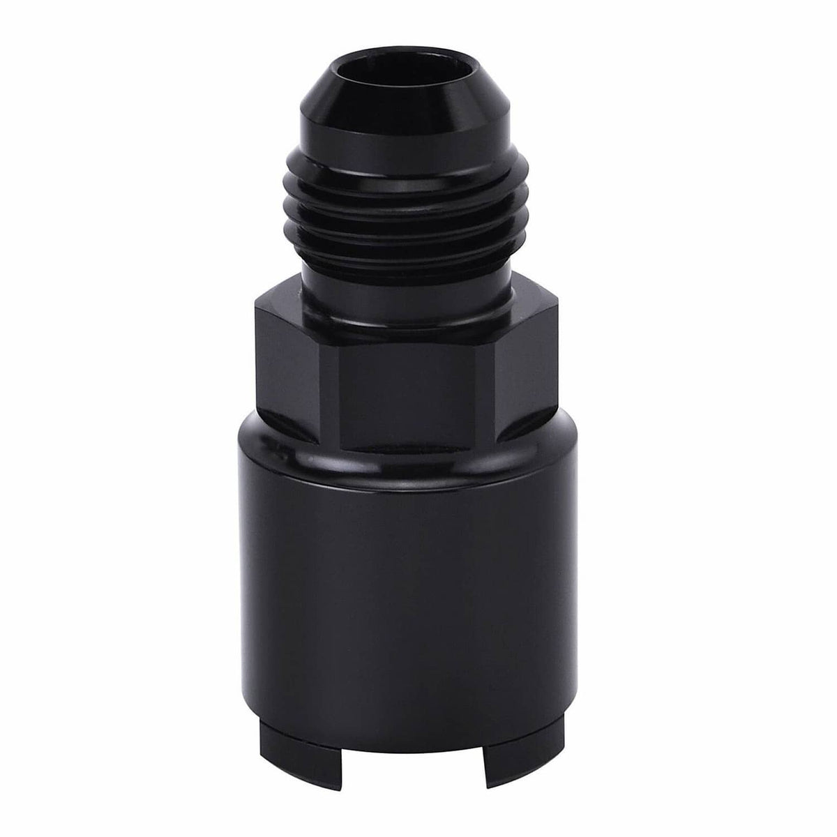 Black AN6 fuel adapter fitting with male thread section and hex mounting base