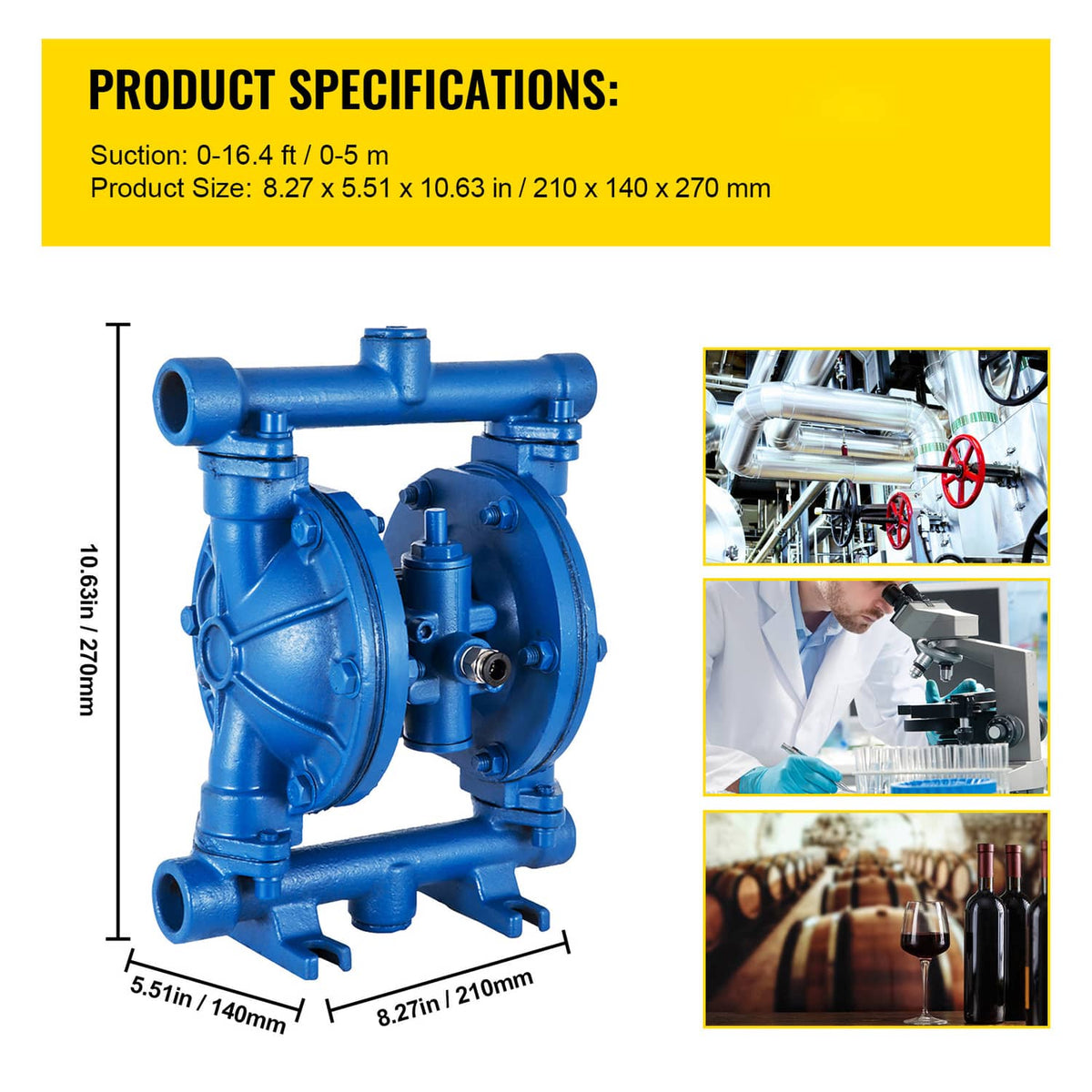 Product specifications graphic for the double diaphragm pump with diagram and measurement panel