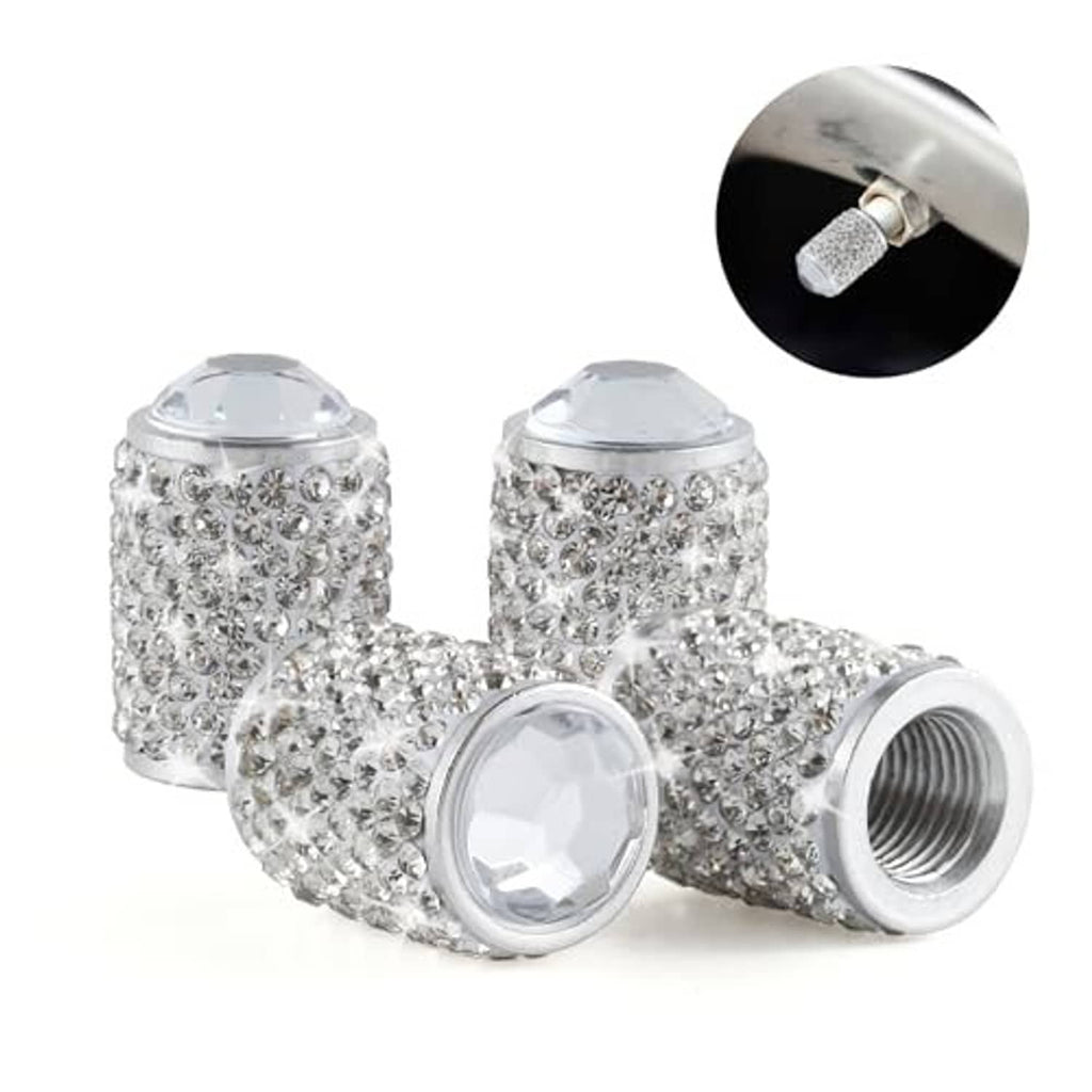 Crystal rhinestone tire valve caps with chrome threads and faceted sparkly tops, 4 pack