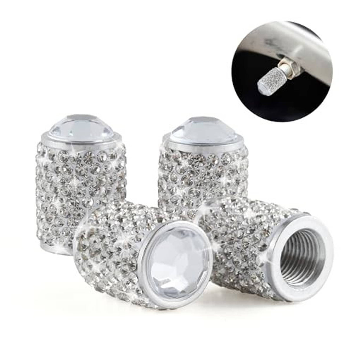 Crystal rhinestone tire valve caps with chrome threads and faceted sparkly tops, 4 pack