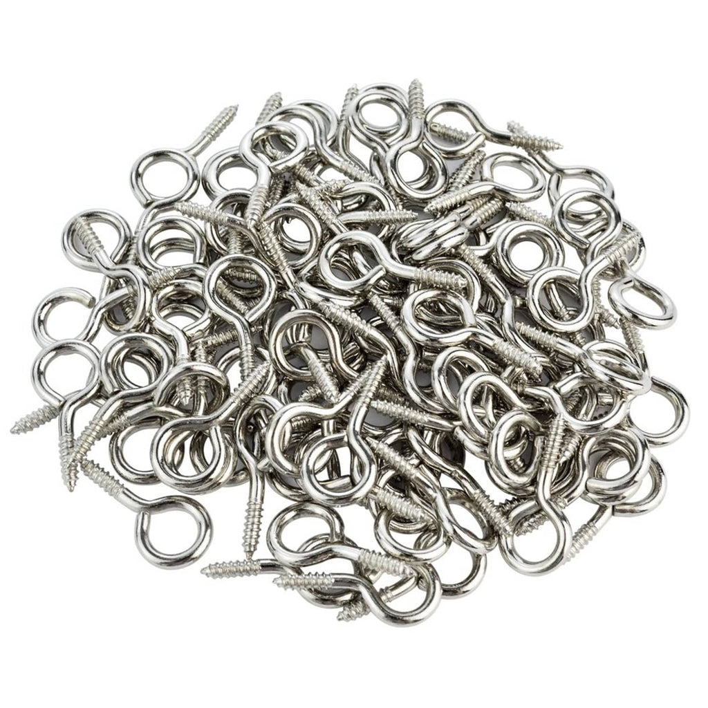 Bulk pile of small silver screw eye hanging hooks with loop heads and threaded shanks