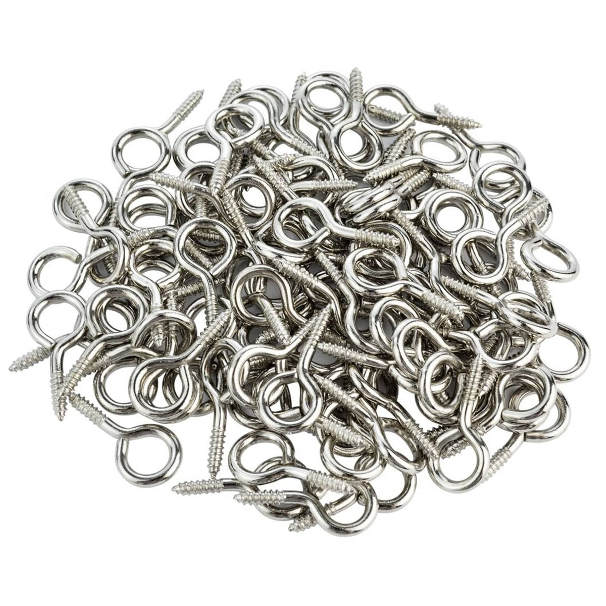 Bulk pile of small silver screw eye hanging hooks with loop heads and threaded shanks