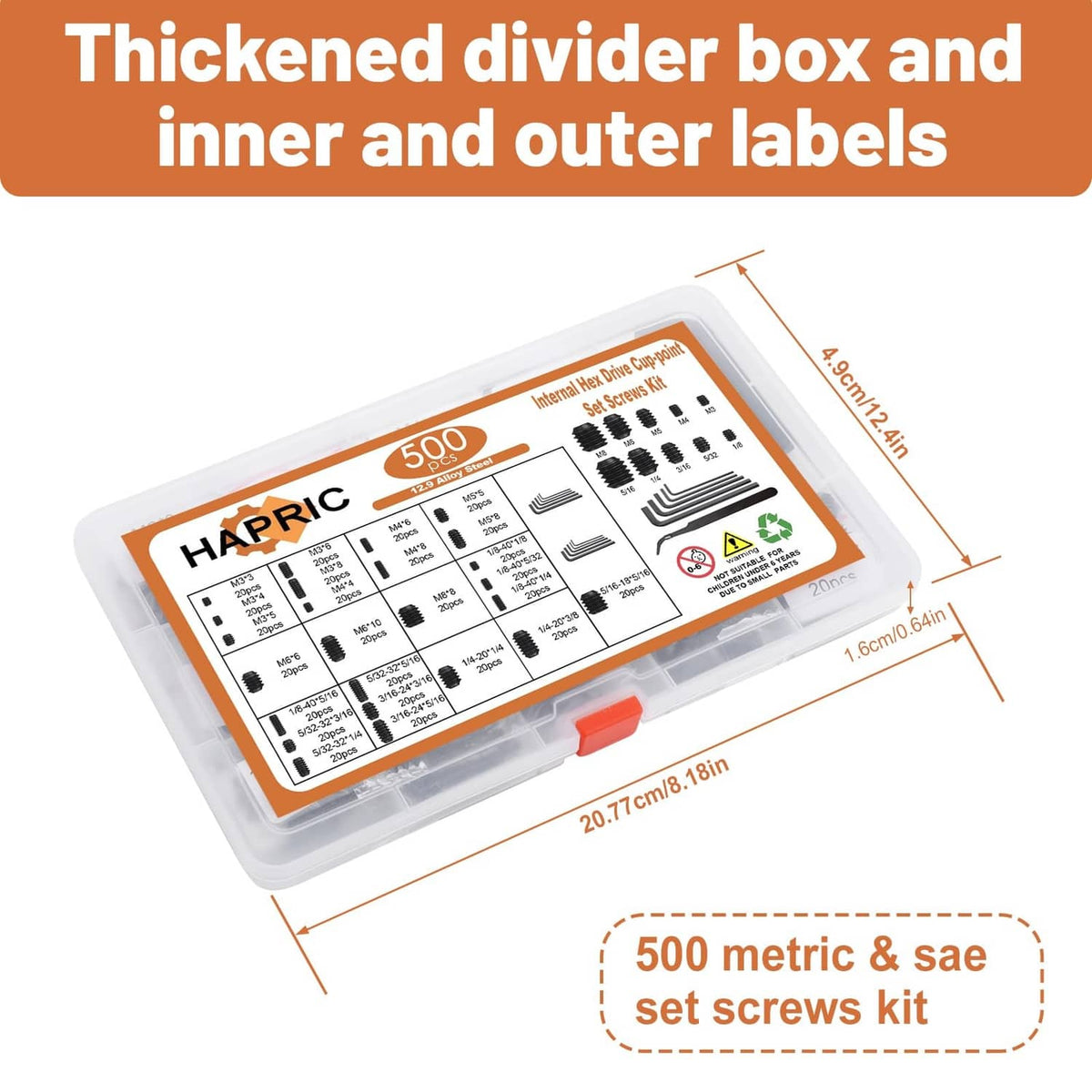 Thick divider storage box with inner organizer and outer label for set screws