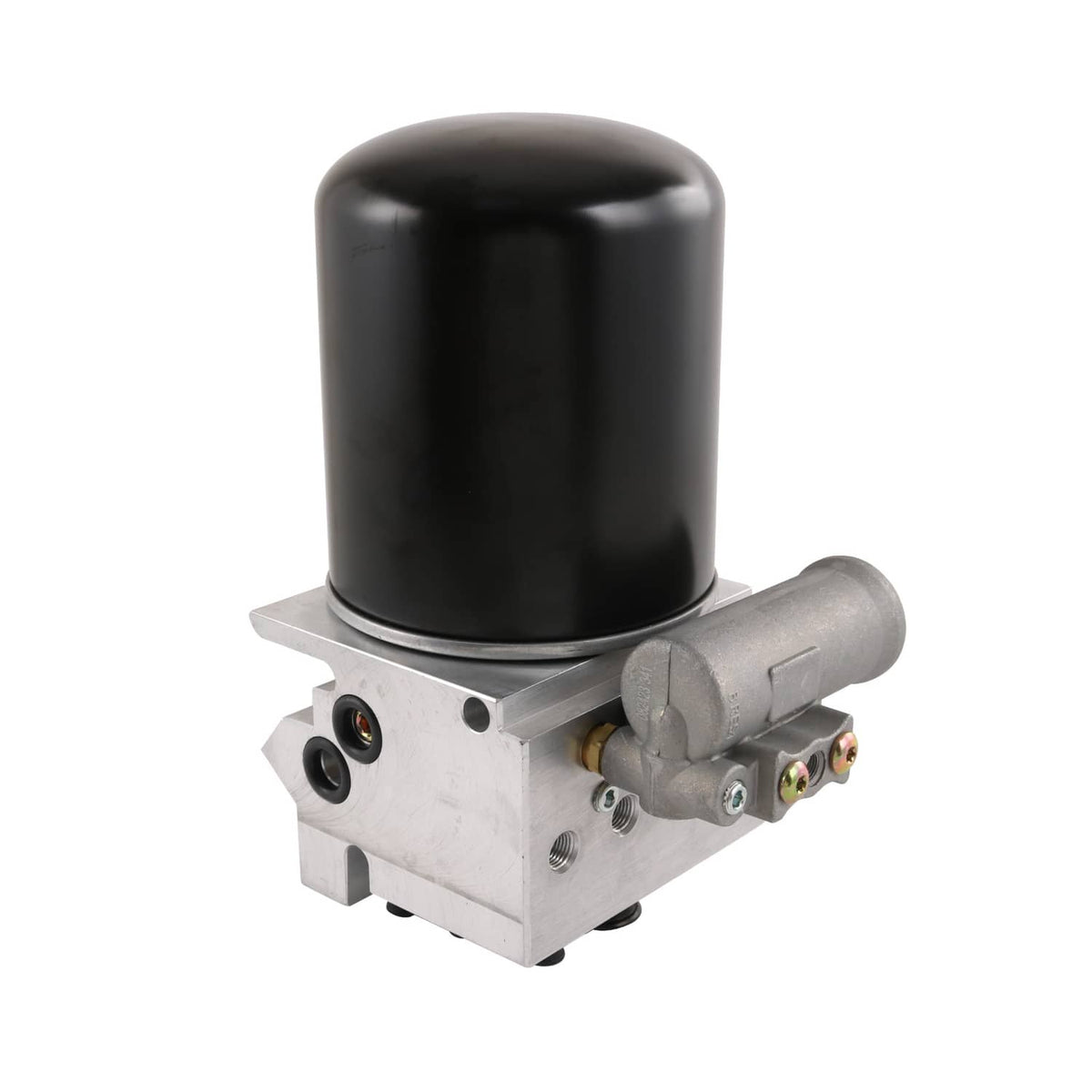 12V air dryer with black canister and silver mounting bracket and electrical fittings