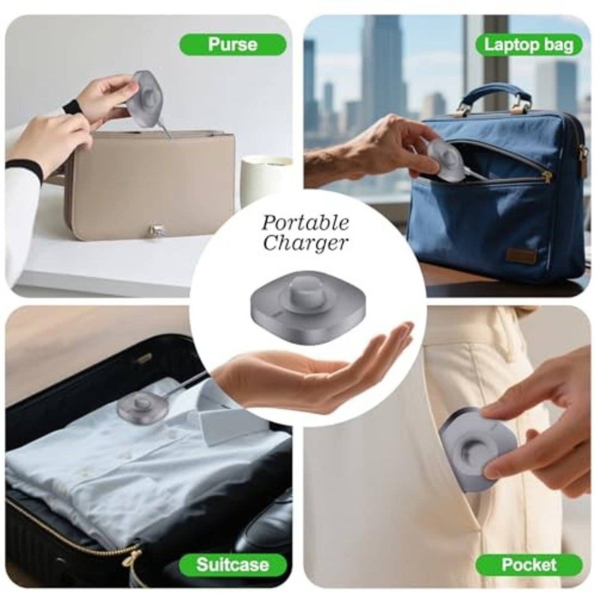 Portable round charging dock shown in hand, with USB cable for travel charging