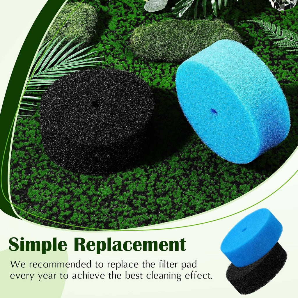 Circular pond filter pads: blue fine and black coarse on a green top layer