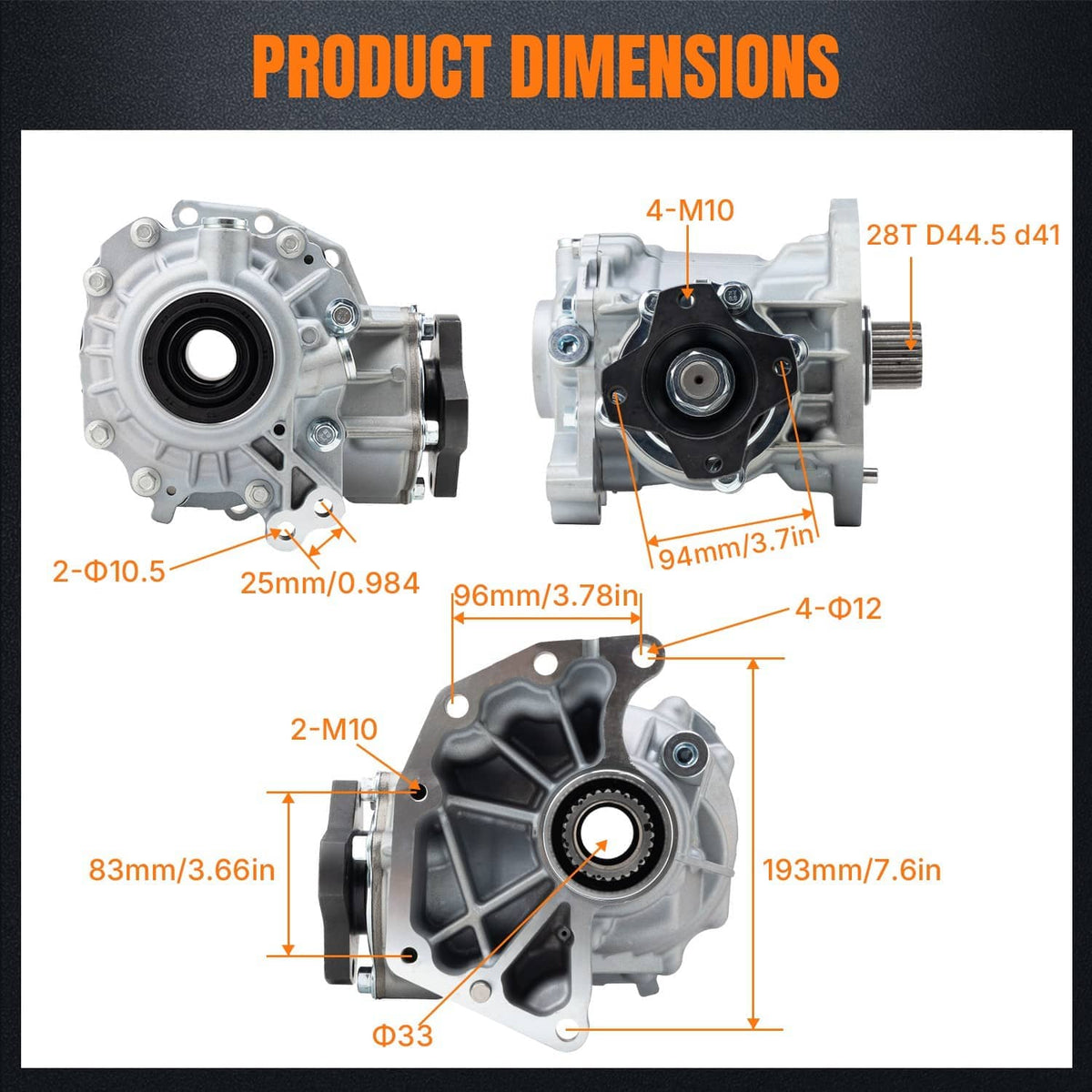 Transfer case assembly product dimensions diagram with labeled measurements