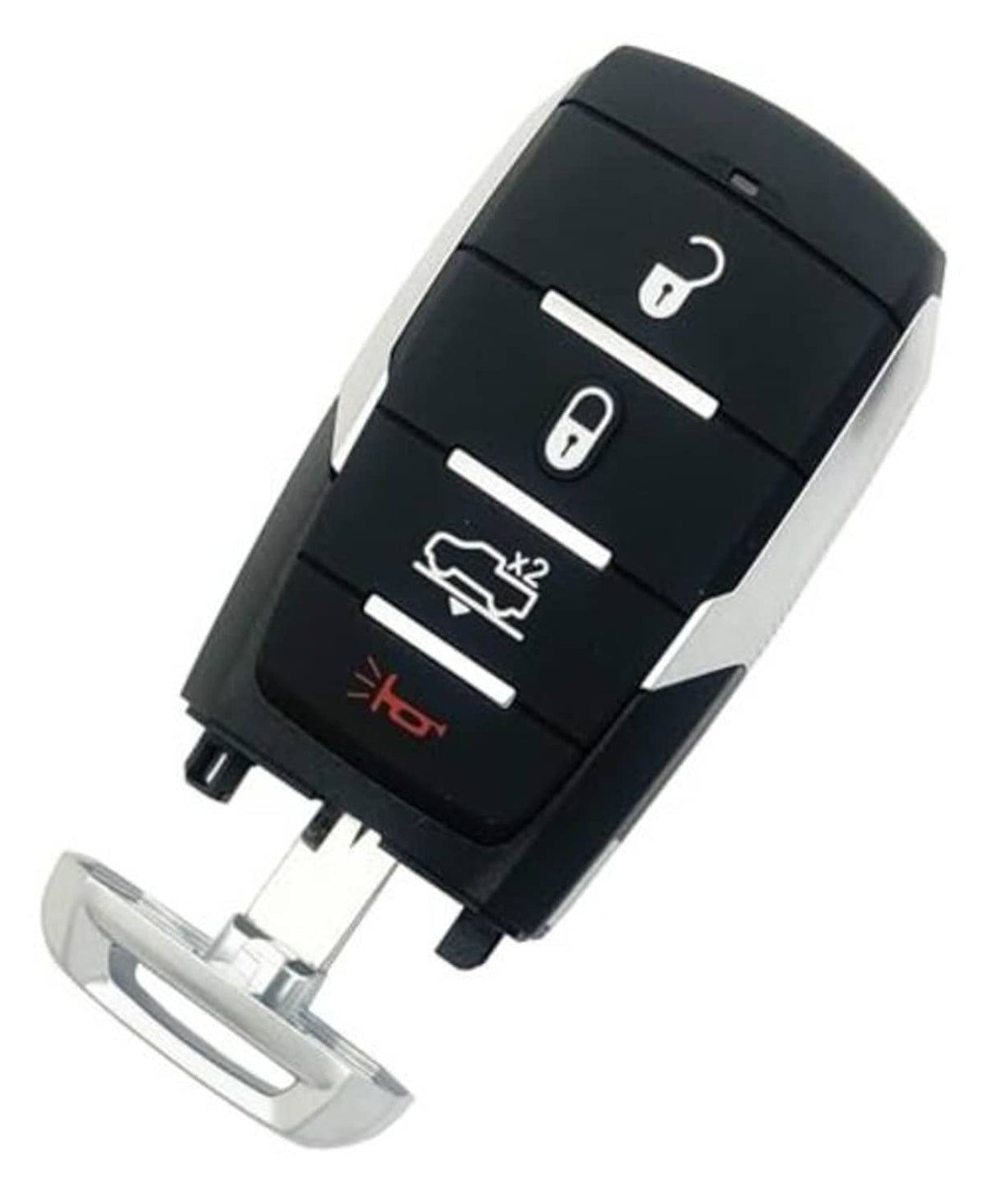 Key fob cover shell with exposed metal key blade insert, angled view