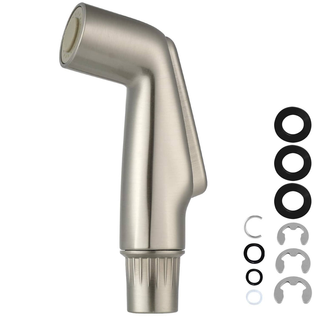 Brushed nickel kitchen side sprayer head with curved nozzle